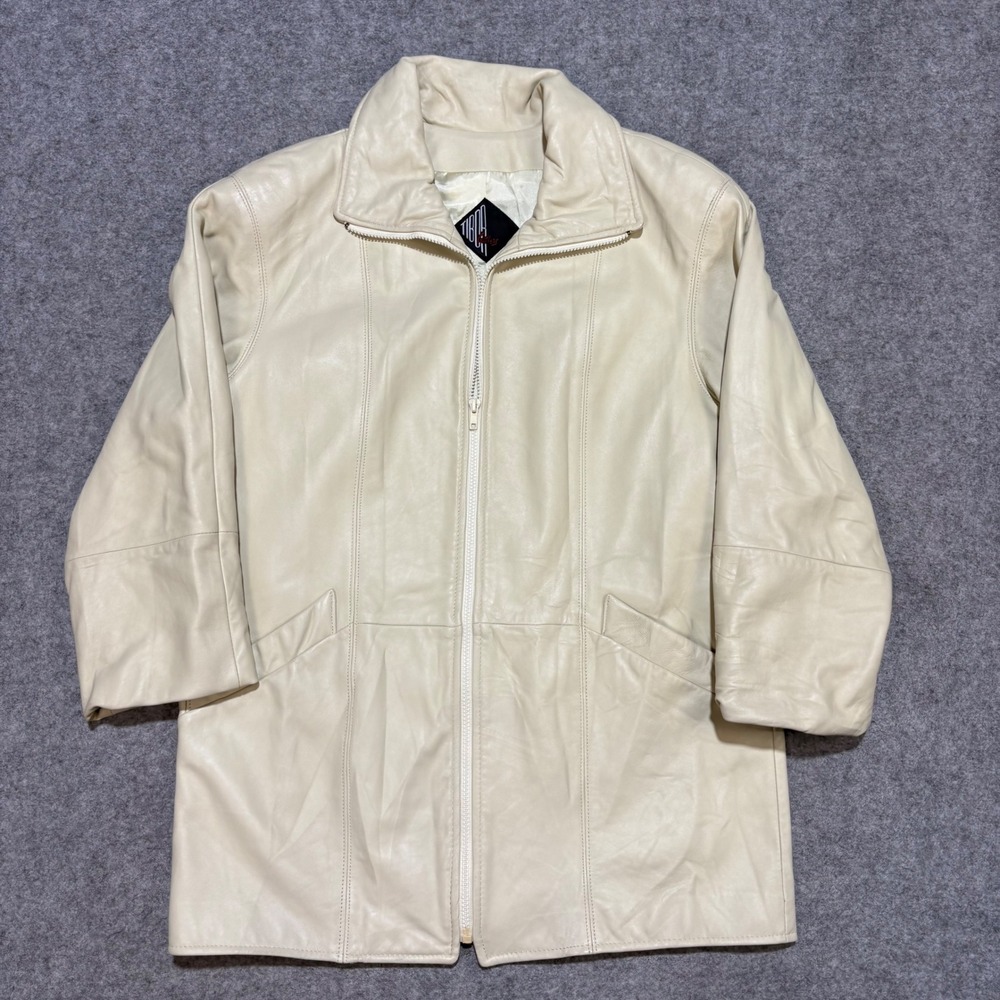Tibor Leathers Cream White Leather Zip Jacket Made in USA Small Vintage Car Coat